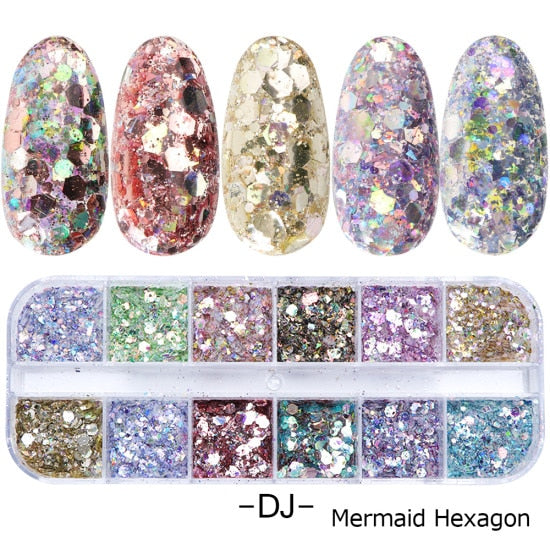 1 Box Nail Mermaid Glitter Flakes Sparkly 3D Hexagon Colorful Sequins Spangles Polish Manicure Nails Art Decorations TRDJ01-12