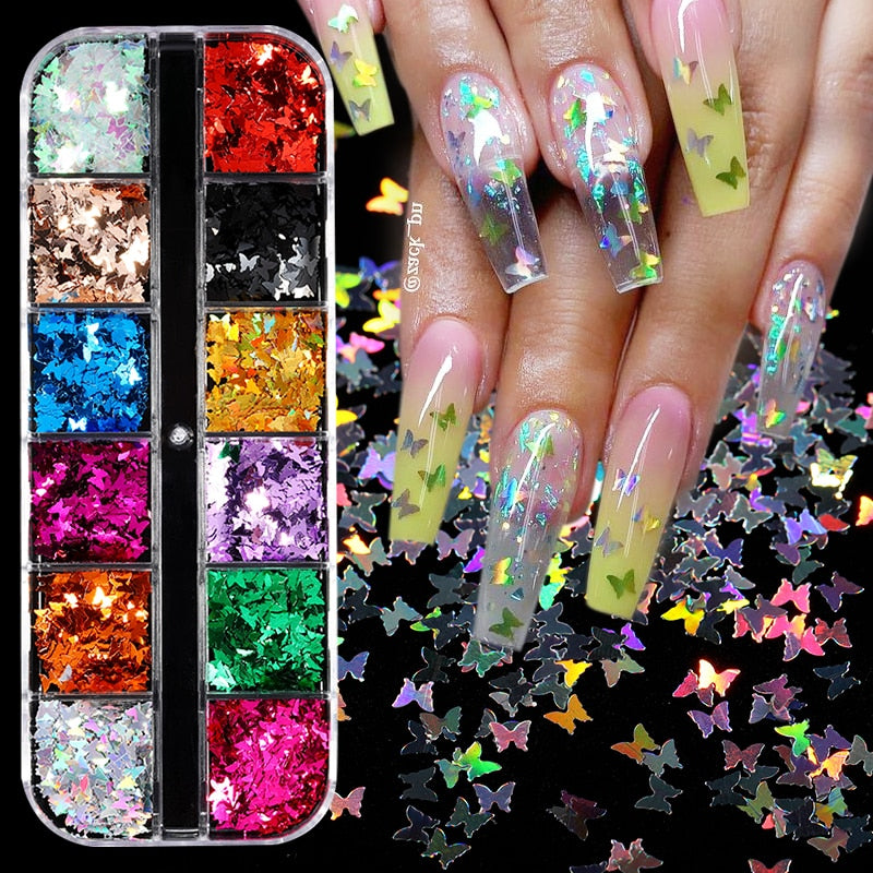 1 Box Holographics Nail Glitter Powder MIxed Butterfly Star Colorful Irregular Flakes Sequins Nail Art Decorations Palliette